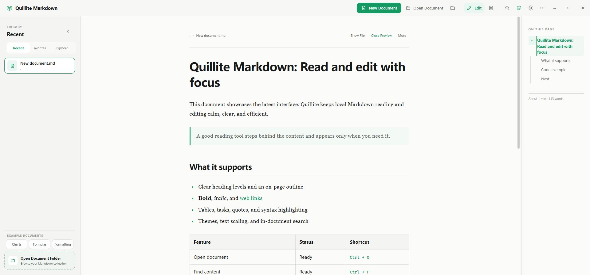 Quillite reading interface with library, document, and outline