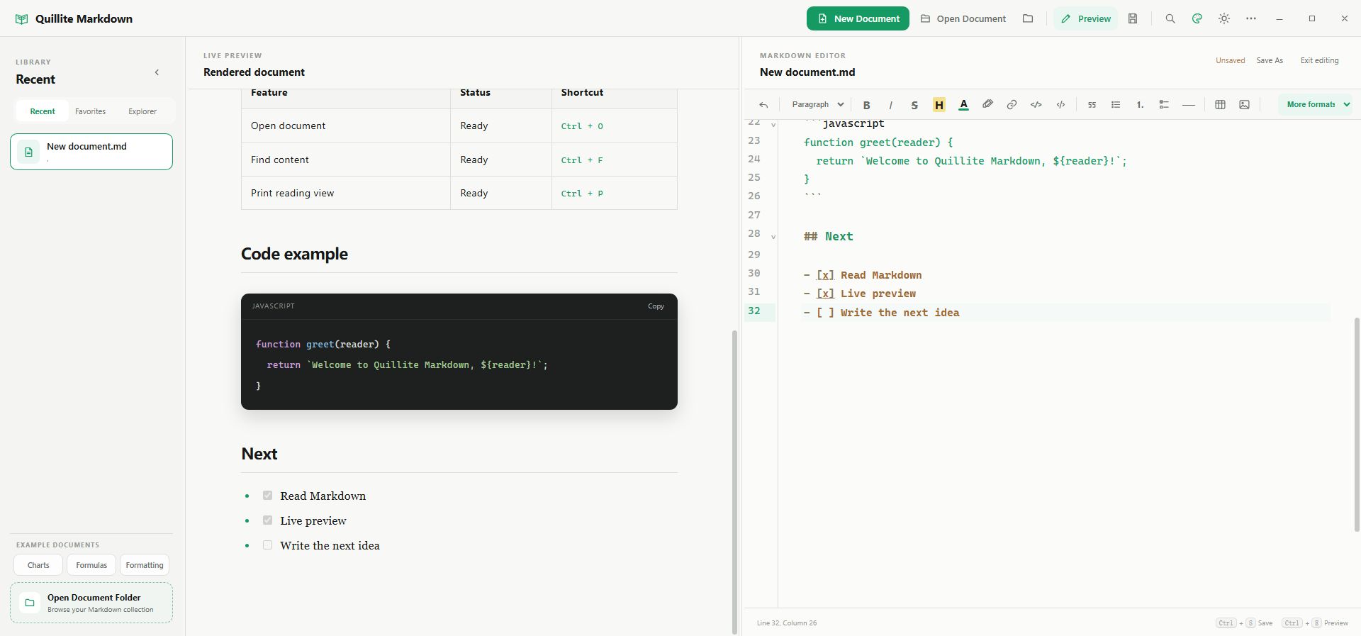 Quillite split editor with live preview and Markdown source