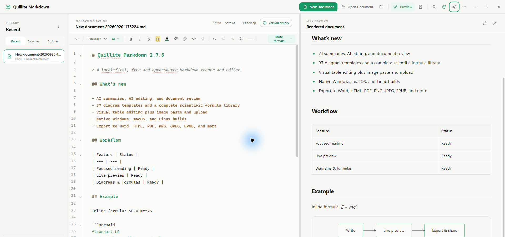 Quillite split editor with live preview and Markdown source